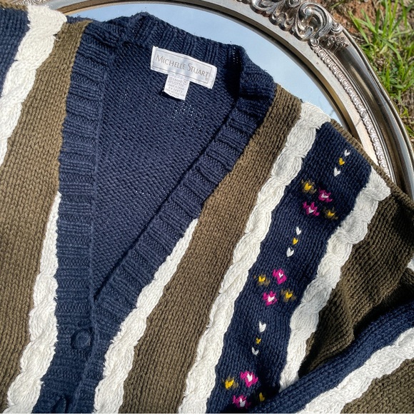 Vintage Michelle Stuart Cardigan Sweater Striped & Floral Detail V-Neck Size M - Picture 3 of 4